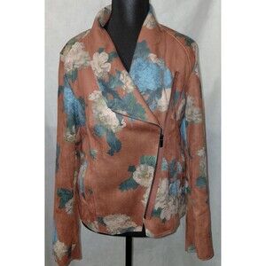 Elle Tahari Faux Leather Jacket Womens Brown Asymmetrical Zip Floral Preppy